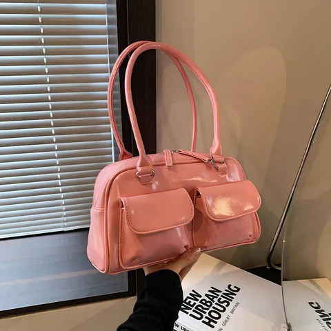 Women Glossy PU Leather Underarm Shoulder Bag Vintage Solid Color Double Front Pockets Tote Bag For Daily Dating Party