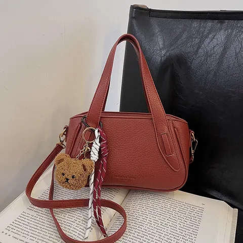 Women Retro Litchi Pattern PU Leather Handbag With Bear Charm Adjustable Shoulder Strap Korean Style Small Crossbody Bag