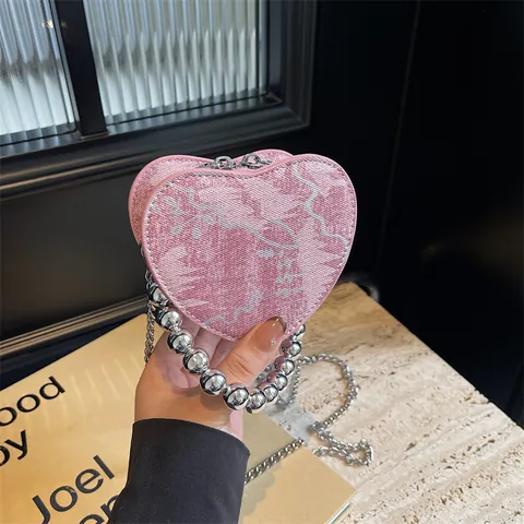Heart-Shaped Mini Crossbody Bag With Silver Pearl Bead Handle And Metal Chain Strap Jacquard Fabric Handbag For Women
