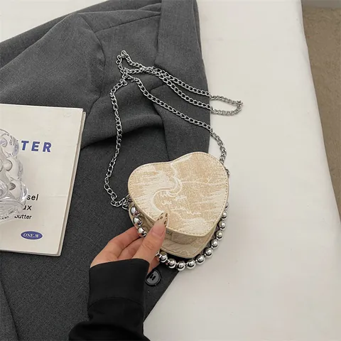 Heart-Shaped Mini Crossbody Bag With Silver Pearl Bead Handle And Metal Chain Strap Jacquard Fabric Handbag For Women