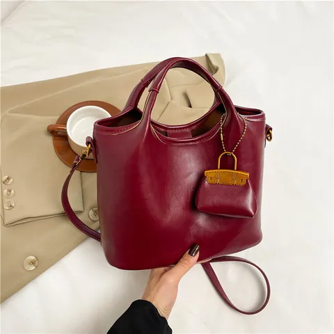 Women Retro PU Leather Tote Bag With Mini Bag Charm Vintage Solid Color Bucket Crossbody Handbag For Daily Commuter Office