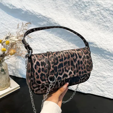 Women's Vintage Leopard Print Houndstooth Shoulder Bag PU Leather Chain Flap Underarm Crossbody Bag Fashion Daily Party Purse