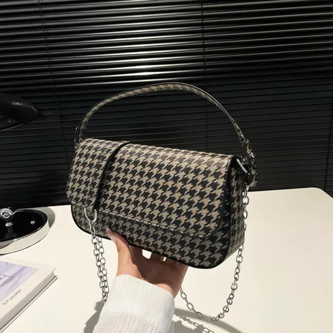 Women's Vintage Leopard Print Houndstooth Shoulder Bag PU Leather Chain Flap Underarm Crossbody Bag Fashion Daily Party Purse