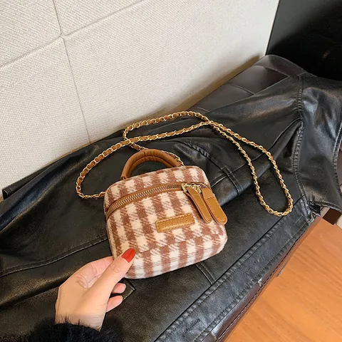Bolso Bandolera de Lana a Cuadros Mini para Mujer Vintage Bolso de Cubo con Cadena Metálica Otoño Invierno Moda Estuche de Joyería