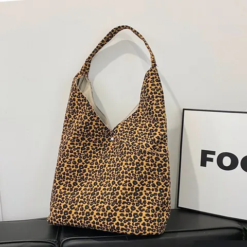Damen Mode Leopardenmuster Leinwand Tote Bag Große Kapazität Casual Schultertasche Herbst Winter Streetwear Hobo Tasche