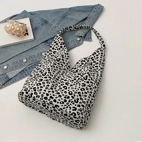 Damen Mode Leopardenmuster Leinwand Tote Bag Große Kapazität Casual Schultertasche Herbst Winter Streetwear Hobo Tasche