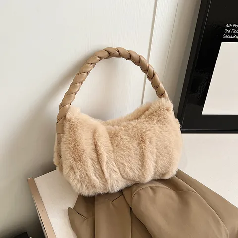 Women Plush Faux Fur Shoulder Underarm Bag With Braided Handle Pleated Fuzzy Tote Bag For Autumn Winter Daily Fashion