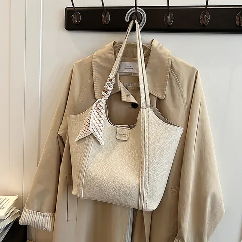 Women Large Capacity Tote Bag PU Leather Lychee Grain Shoulder Bag With Silk Scarf Decoration And Sub Bag Commuter Handbag