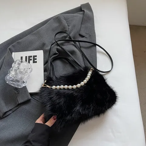 Women Fashion Faux Fur Handbag With Faux Pearl Chain Artificial Leather Strap Elegant Autumn Winter Plush Crossbody Shoulder Bag