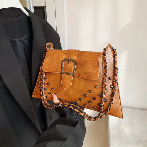 Retro Rivet Chain Underarm Bag Women Vintage PU Leather Shoulder Bag With Large Buckle Punk Style Crossbody Fashion Handbag