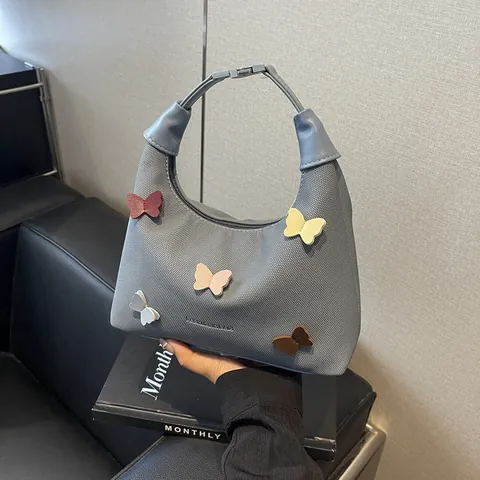 Women Canvas 3D Butterfly Hobo Bag Small Crescent Fashion Handbag With Adjustable Strap Casual Shoulder Crossbody Bag Daily Carry