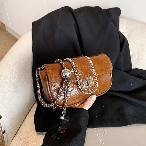 Vintage Wrinkled PU Leather Crossbody Bag For Women Small Chain Square Shoulder Bag With Metal Ball Decoration Retro Purse