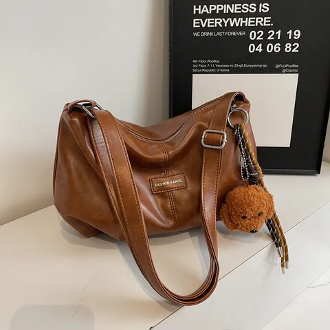 Women's Retro Large Capacity PU Leather Hobo Bag Pleated Underarm Shoulder Crossbody Bag With Teddy Dog Pendant