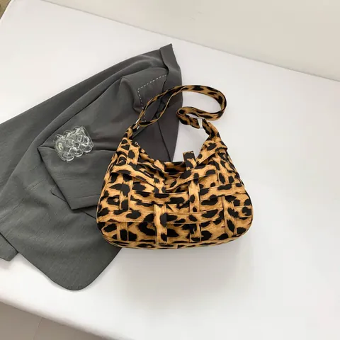 Women Woven Leopard Print Tote Bag Large Capacity Canvas Shoulder Bag Vintage Crossbody Bag Casual Daily Fashion Handbag