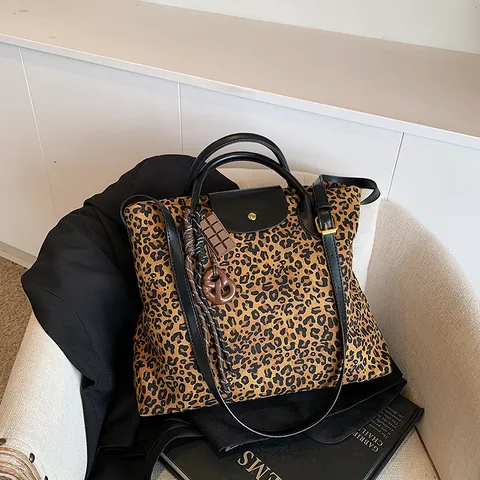 Leopard Print Large Capacity Tote Bag For Women PU Leather Flap Handbag With Adjustable Strap Fashion Crossbody Handbag