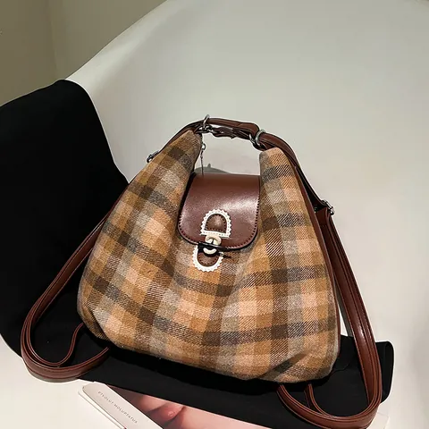 Vintage Plaid Woolen Tote Bag Large Capacity Shoulder Bag With Leather Trim Leopard Print Crossbody Bag For Women Retro Fashion Handbag