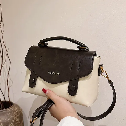 Women Retro PU Leather Small Square Bag Vintage Cambridge Style Handbag Contrast Color Crossbody Bag With Adjustable Strap