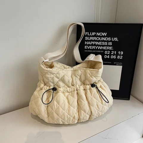 Women Large Capacity Quilted Tote Bag Nylon Diamond Pattern Shoulder Bag Adjustable Strap Casual Commuting Crossbody Bag