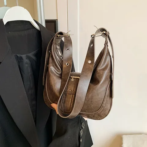Vintage PU Leather Underarm Bag For Women Retro Half Moon Hobo Bag Large Metal Buckle Adjustable Strap Shoulder Bag