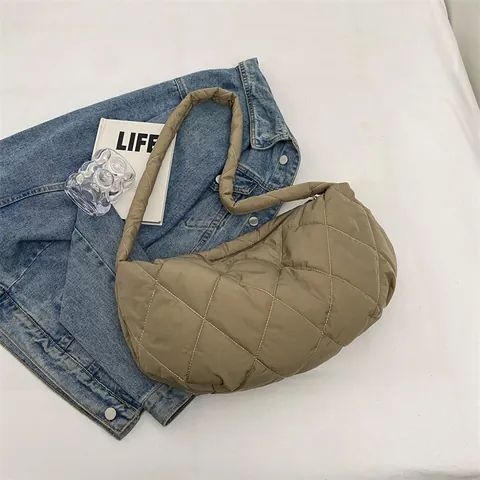 Women Large Capacity Quilted Puffer Shoulder Bag Nylon Rhombus Pattern Hobo Bag Casual Crossbody Bag For Everyday Commute