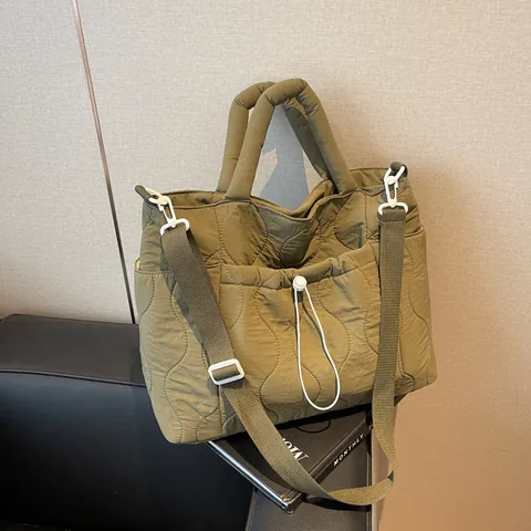 Women Quilted Nylon Tote Bag Large Capacity Padded Shoulder Crossbody Bag Wave Pattern Commuting Handbag Adjustable Strap