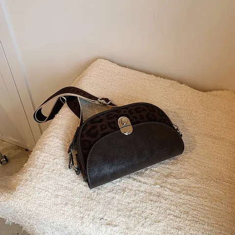 Women's Retro Leopard Print Saddle Bag Frosted PU Leather Small Crossbody Bag With Wide Strap Fashion Shoulder Bag