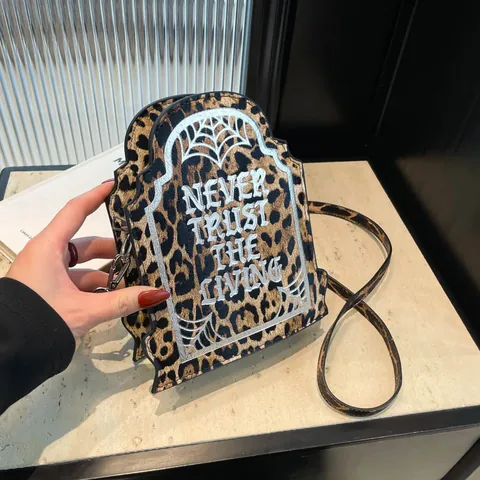 Tombstone Shape Crossbody Bag Women PU Leather Leopard Spider Web Never Trust The Living Shoulder Bag Halloween Party Bag