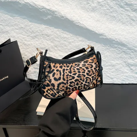 Vintage Leopard Print PU Leather Underarm Bag Fashion Bow Knot Small Square Baguette Shoulder Crossbody Bag For Women