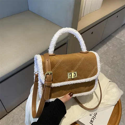 Women Vintage Quilted Rhombus Faux Sherpa Trim Handbag Suede Small Square Crossbody Bag With Gold Lock Adjustable Strap
