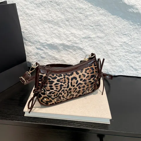 Vintage Leopard Print PU Leather Underarm Bag Fashion Bow Knot Small Square Baguette Shoulder Crossbody Bag For Women