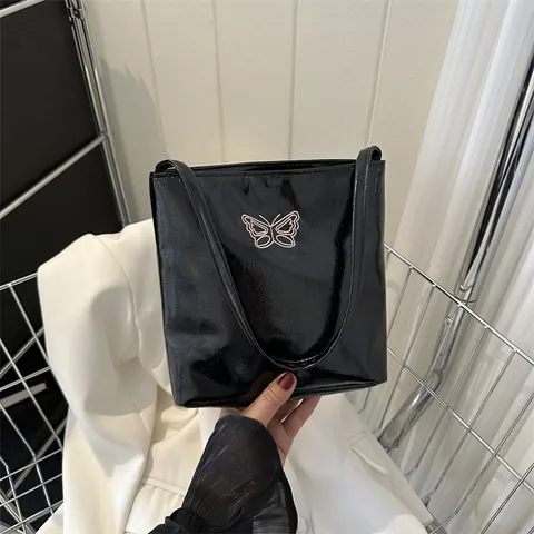 Women Large Capacity Metallic PU Leather Underarm Shoulder Bag Fashion Butterfly Letter Embroidery Tote Bucket Bag Urban Casual Daily Commuting Handbag