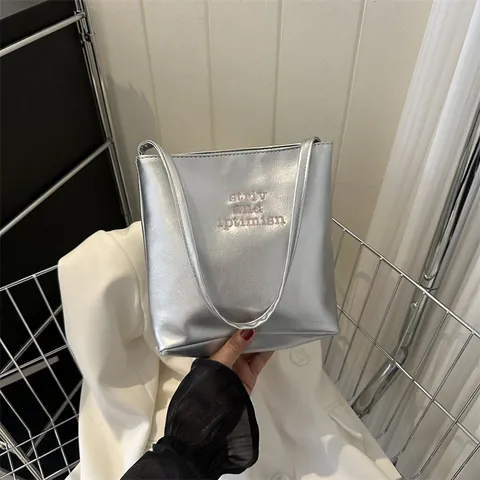 Women Large Capacity Metallic PU Leather Underarm Shoulder Bag Fashion Butterfly Letter Embroidery Tote Bucket Bag Urban Casual Daily Commuting Handbag