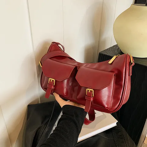 Vintage PU Leather Multi-Pocket Shoulder Bag For Women High-End Messenger Crossbody Underarm Bag With Adjustable Strap