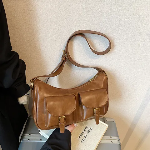 Vintage PU Leather Multi-Pocket Shoulder Bag For Women High-End Messenger Crossbody Underarm Bag With Adjustable Strap