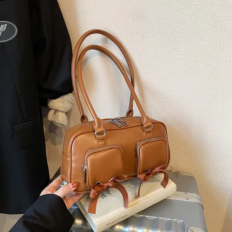 Women's Fashion Synthetic Leather Underarm Bag Elegant Ballet Style Bow Double Pocket Shoulder Bag For Daily Commuting