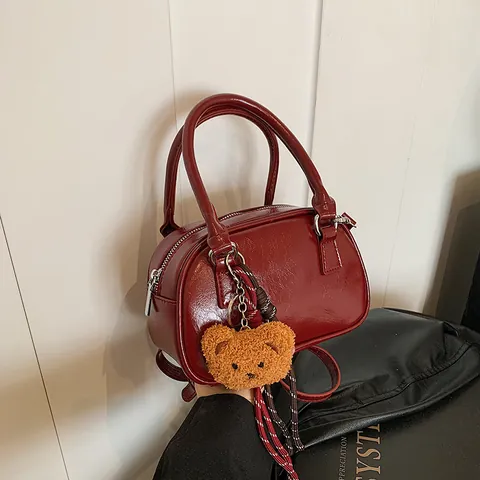 Retro Women PU Leather Mini Boston Handbag With Teddy Bear Pendant Shiny Crossbody Shoulder Bag For Daily Fashion Commuting