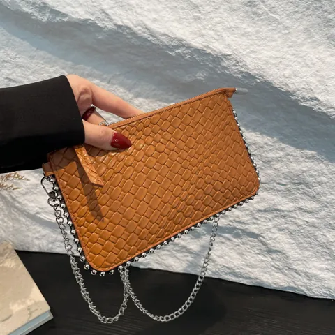 Niche Design Woven Texture Underarm Bag For Women Retro Chain Crossbody Bag Small Square Purse With Metal Bead Trim PU Leather Shoulder Bag