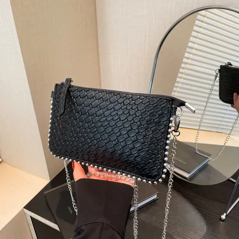 Niche Design Woven Texture Underarm Bag For Women Retro Chain Crossbody Bag Small Square Purse With Metal Bead Trim PU Leather Shoulder Bag
