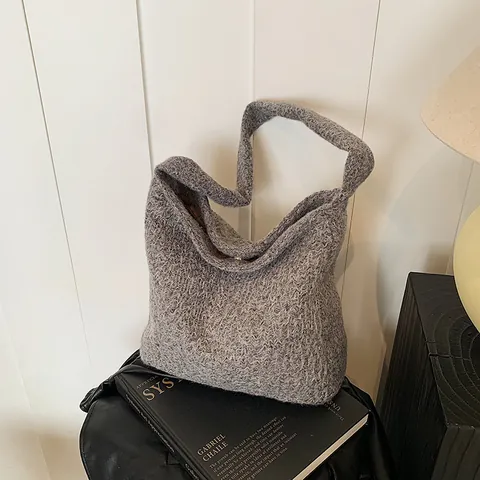 Korean Style Woolen Plaid Large Capacity Shoulder Bag For Women Fashion Winter Autumn Tote Bag Crossbody Underarm Bag