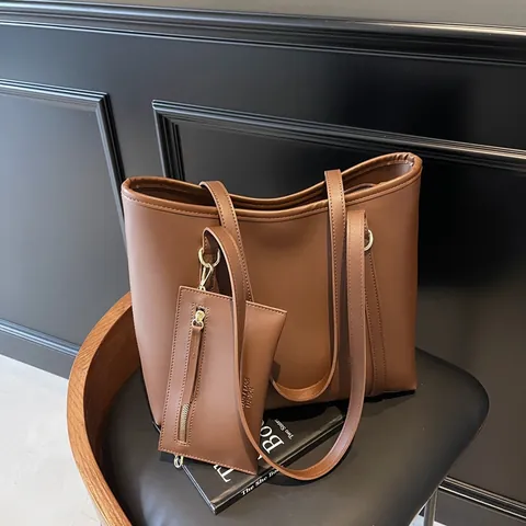 Large Capacity Women PU Leather Tote Bag Commuting Shoulder Bag With Zip Pocket Sub Bag Minimalist Solid Color Work Bag