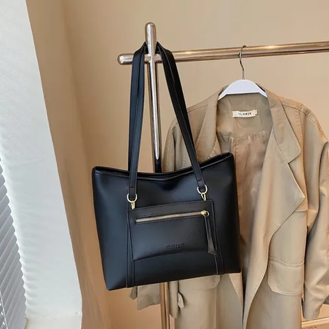 Large Capacity Women PU Leather Tote Bag Commuting Shoulder Bag With Zip Pocket Sub Bag Minimalist Solid Color Work Bag