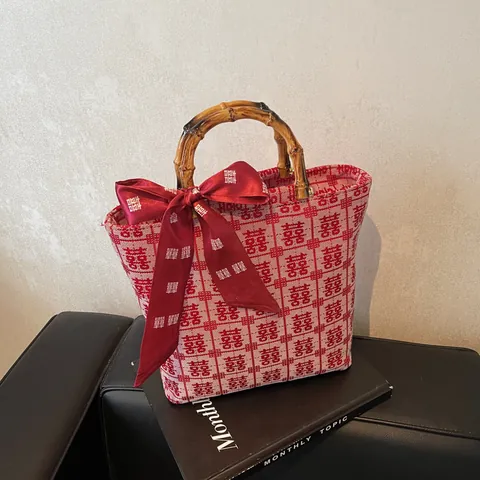 Women Chinese Style Canvas Tote Handbag With Bamboo Handle Double Happiness Print Bow Silk Scarf Wedding Party Gift Bag