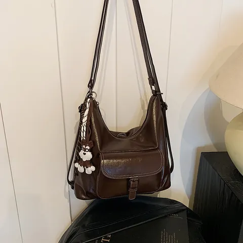 Large Capacity PU Leather Tote Bag For Women Retro Glossy Hobo Shoulder Bag With Front Buckle Pocket Contrast Stitching Casual Crossbody Handbag