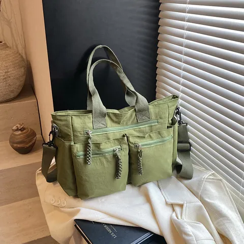 Large Capacity Multi-Pocket Nylon Tote Bag For Women Korean Style Simple Shoulder Crossbody Handbag Lightweight Travel Work Bag