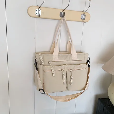 Large Capacity Multi-Pocket Nylon Tote Bag For Women Korean Style Simple Shoulder Crossbody Handbag Lightweight Travel Work Bag