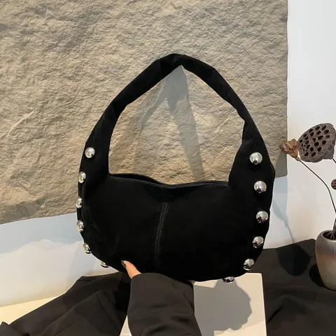 Vintage Frosted PU Suede Texture Rivet Hobo Bag Large Silver Studded Underarm Shoulder Bag For Women Street Casual Handbag