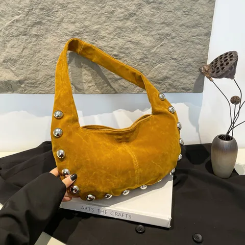 Vintage Frosted PU Suede Texture Rivet Hobo Bag Large Silver Studded Underarm Shoulder Bag For Women Street Casual Handbag