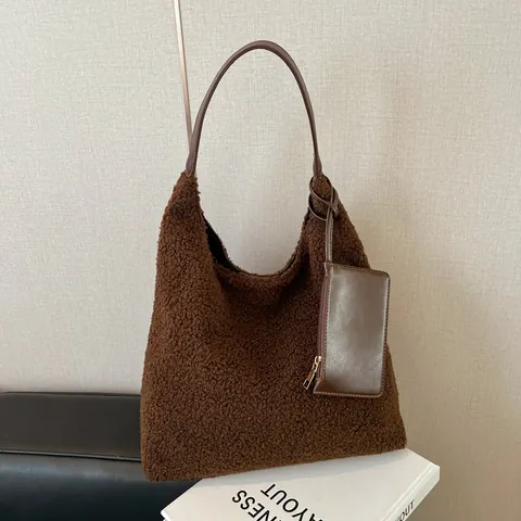 Borsa Tote in Peluche Invernale da Donna Grande Capacità Borsa a Spalla Hobo Con Pochette Coordinata in Lana di Agnello Sintetica Casual