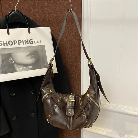 Vintage PU Leather Rivet Hobo Bag For Women Y2K Punk Style Shoulder Crossbody Bag With Belt Buckle Zipper Large Capacity