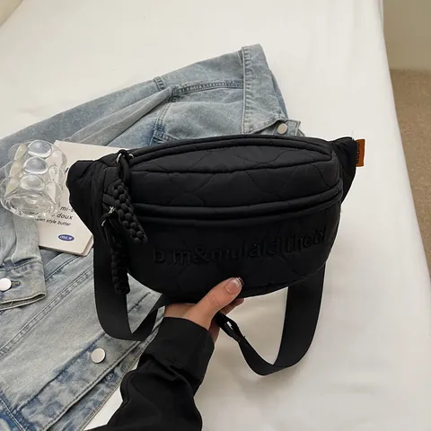 Women Quilted Nylon Chest Bag Casual Letter Embroidery Waist Pack Streetwear Crossbody Shoulder Bag Adjustable Strap Versatile Travel Bag
